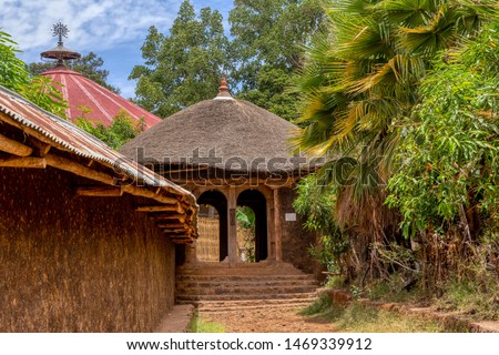 Zege Peninsula in Lake Tana. Entry to UNESCO Ura Kidane Mehret Church, monastery from 14th century decorated with numerous painted frescoes of Menelik II Imagine de stoc © 