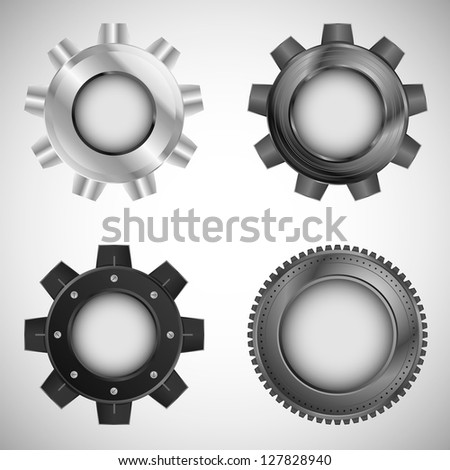 Set of the vector metallic gears. Polished metal gears.