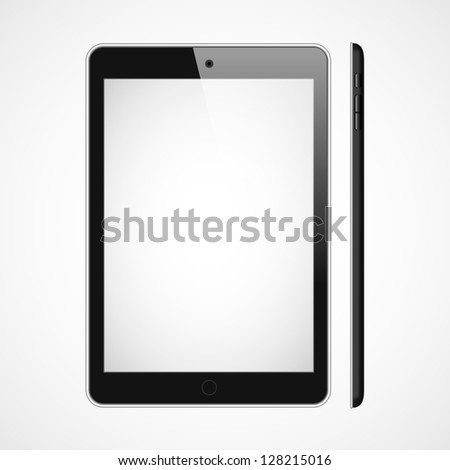 Vector blank tablet on white bakground. Front and right sides.