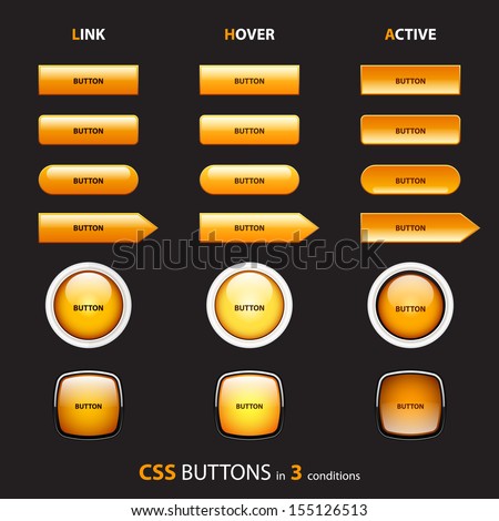 Set of orange web buttons in three CSS conditions. Link, hover and active conditions.