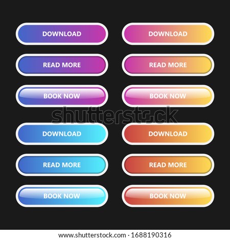 Set of web interface buttons with blue and violet, violet and yellow, blue and cyan, red and yellow gradient. Download button, read more button and book now button. Flat, pushed and glossy buttons.