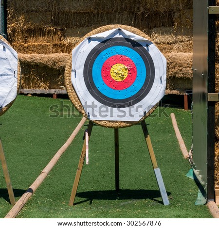 Archery shooting target standing on the grass field