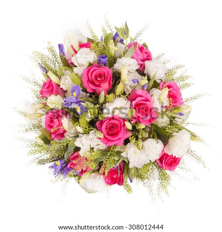 Bouquet of flowers top view isolated on white.
