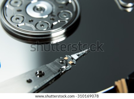 Close up of open computer hard disk drive HDD.