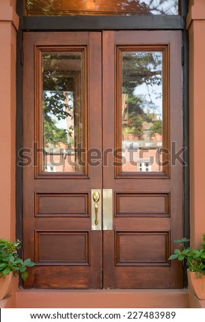 Double Natural Wood Front Doors with Windows in Brownstone with Small Potted Plants