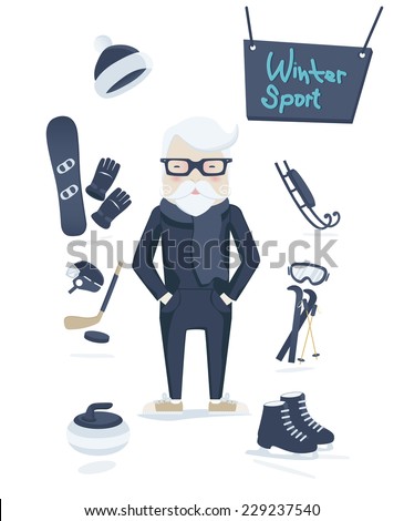 Athletic grey-haired old man standing surrounded by winter sport equipment and gear for skiing, ice hockey, ice skating, curling and snowboarding in a concept of an active healthy retirement, vector