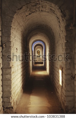 TEREZIN, CZECH REPUBLIC - OCT 8, 2010: An underground corridor in the Little Fortress in Terezin in October, 2010. Last used as the Theresienstadt concentration camp in WW II, it is now a landmark.