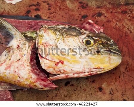 A bloody fish head on the cutting table at a fish market.