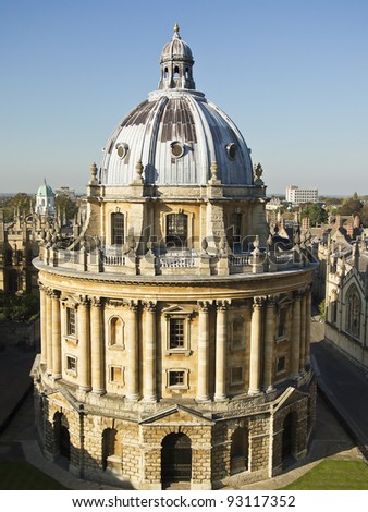 Radcliffe Camera in Oxford, England was built in the Palladian architectural style and completed in 1749. The round building houses one of the libraries of Oxford University.