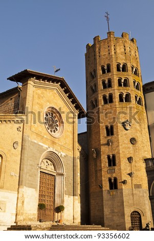 The old Byzantine Church of San Andrea stands in one of the main squares of Orvieto in Italy. The church has an unusual dodecagon bell tower next to it with twelve sections.