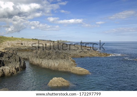 Northumbrian coastline near Craster with the ruins of Dunstanburgh Castle in the distance,