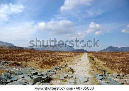 The long straight path leading to Haystacks, a mountain in the Lake District, England