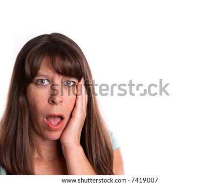 Middle Age Woman Looking Into The Camera And Being Surprised. White ...