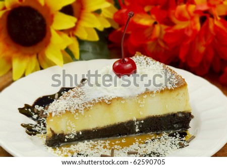 Chocolate cake based Flan with fudge, white chocolate powder, whipped cream and a cherry. 100mm macro lens. Flowery out of focus background.
