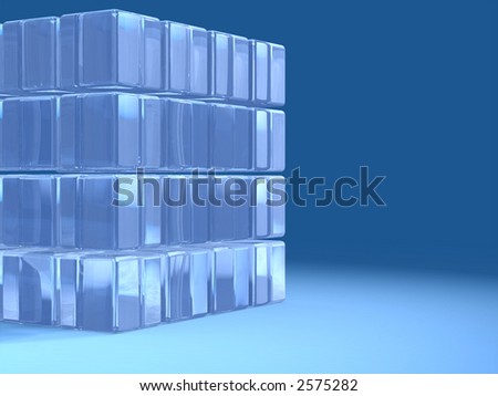 A transparent glass cube over a blue background. Text space on the right. Digital illustration.