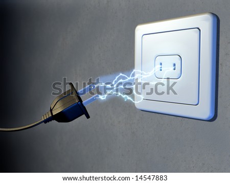 Electrical plug and outlet generating electricity sparks. Digital illustration.