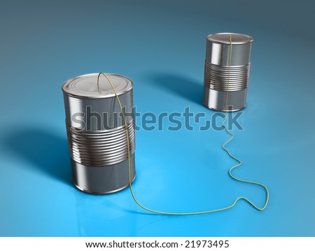 Tin cans used as a rudimental communication technology. Digital illustration.