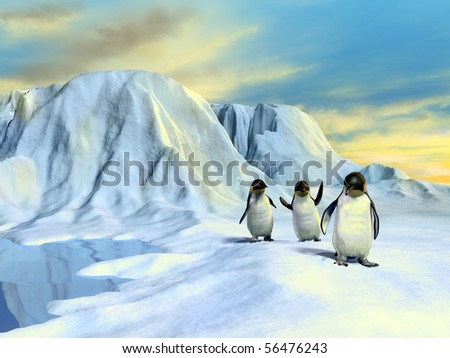A group of cute penguins walking in an arctic landscape. Digital illustration.