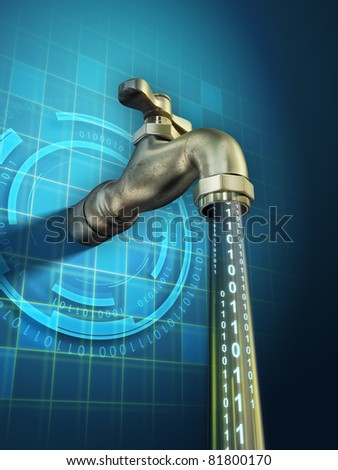Sensitive information is leaking through an open faucet. Digital illustration.
