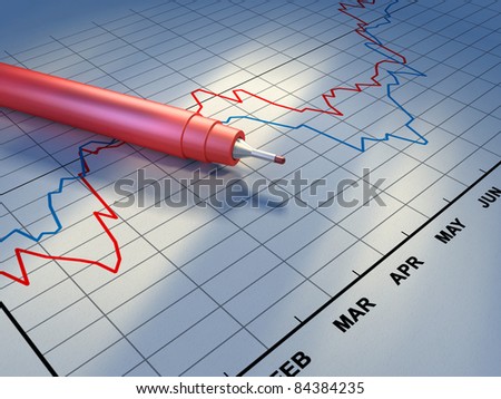 Document showing some stock market trends. A red plastic pen lays over the graph. Digital illustration.
