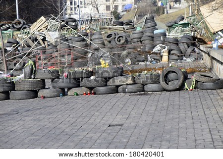 Flowers on the barricades of Kiev in place of death during a riot in February 2014 during the political crisis in Ukraine