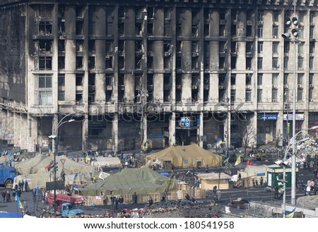 View of the Independence Square and burnt down the House of trade unions from the Instytutska Street, March 07, 2014.