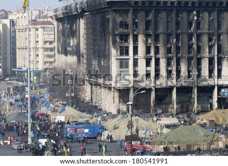 View of the Independence Square and burnt down the House of trade unions from the Instytutska Street, March 07, 2014.