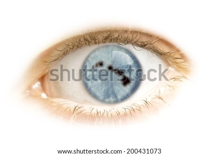 A close-up of an eye with the pupil in the shape of Hawaii.(series)