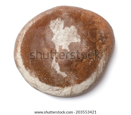 A freshly baked loaf of bread covered with rye flour in the shape of Thailand.(series)