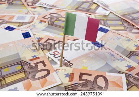 Flag of Italy sticking in european banknotes.(series)