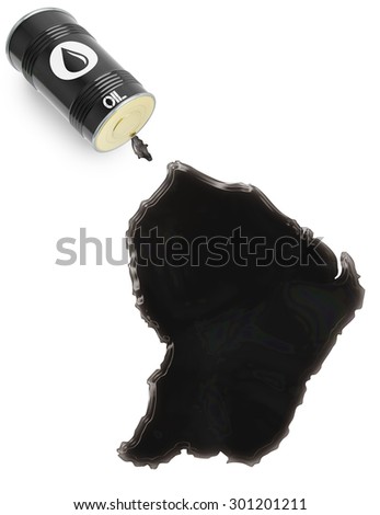 Barrel of oil and a glossy spill in the shape of French Guiana (series)