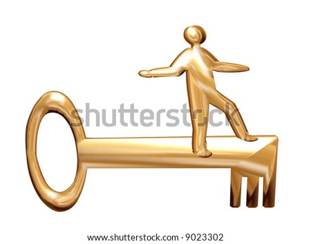 Golden man on a golden key metaphor for success