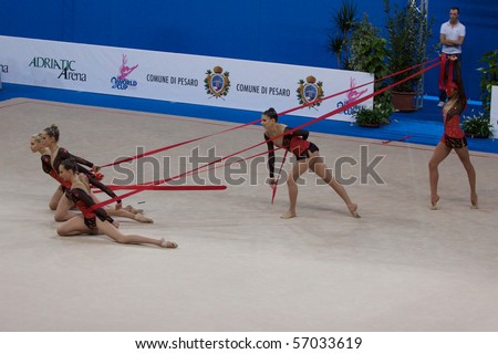 PESARO, ITALY - MAY 2: France Team, competes in team exercise with rope at Rhythmic Gymnastic World Cup 2009 on May 2, 2009 in Pesaro, Italy