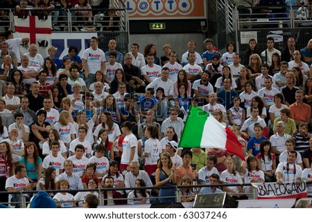 ROME, ITALY - OCTOBER 10: Italian supporters at Volleyball World Championships bronze medal match Italy vs Serbia at Palalottomatica in Rome on October 10, 2010