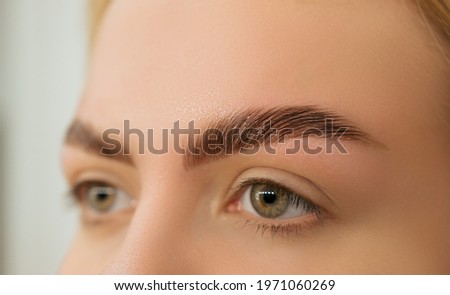 Beautiful blonde with laminated eyebrows. Close-up of laminated and stained eyebrows. Eyebrow Care Trend.  Laminating and Extension for Lashes. Beauty Model with Long Eyelashes and Brows. Stockfoto © 