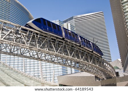LAS VEGAS, NEVADA- CIRCA DEC. 2009: A monorail tram passes through an ultra modern cityscape at CityCenter in Las Vegas, circa Dec. 2009, America\'s largest privately-financed complex