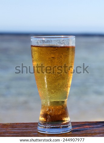 A Cold icy beer on a bar with the tropical ocean and blue sky in the background.