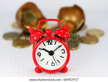 A Golden egg which has just hatched revealing a pile of gold coins and a red clock in the foreground, indicating investments take time to mature and produce the correct yield.