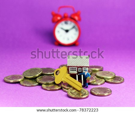 A real estate agent, in front of a small house with key,  gold coins scattered around and a red alarm clock in the pastel purple back ground, asking the question is it time to buy that dream house?