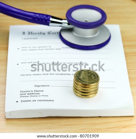 A doctor’s desk showing a purple colored stethoscope, stack of gold coins and sick certificate pad, suggesting the price of keeping healthy is rising.
