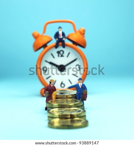 A couple walking up a golden coin stairway, with the bank manager ahead of them sat on a pastel orange alarm clock, asking the question, can you last the financial journey.