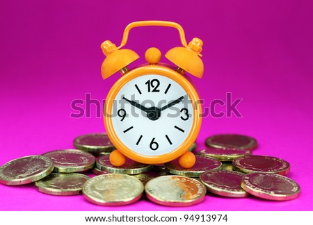 An Orange alarm clock placed on some golden coins with a green back ground, asking the question how long before your investment matures?