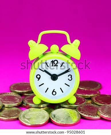 A lime green alarm clock placed on some golden coins with a Purple back ground, asking the question how long before your investment matures?