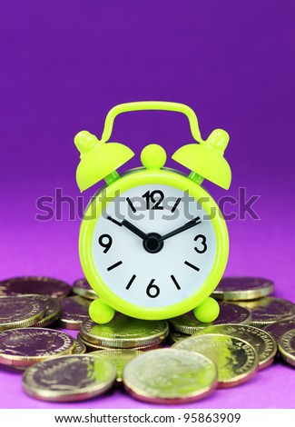 A lime green alarm clock placed on some golden coins with a Purple background, asking the question how long before your investment matures?