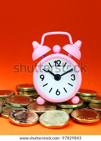 A pink alarm clock placed on some golden coins with a light orange background, asking the question how long before your investment matures?