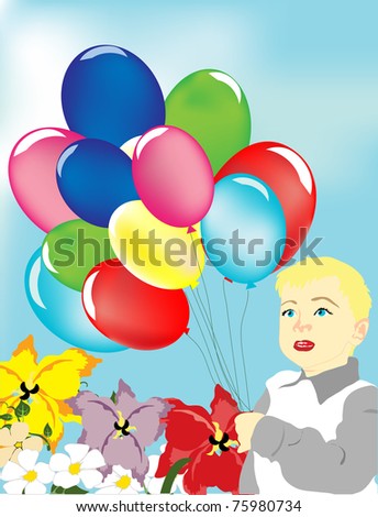 The beautiful card to congratulate on a holiday Birthday the little boy with balloons