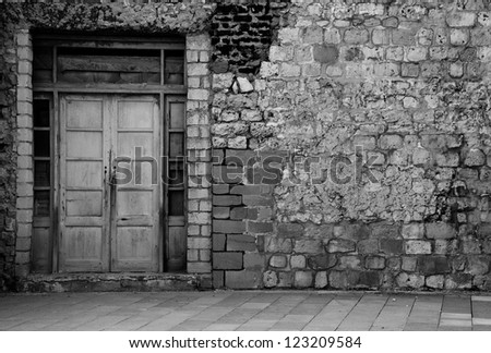 Black and White Old Ruined Door Background