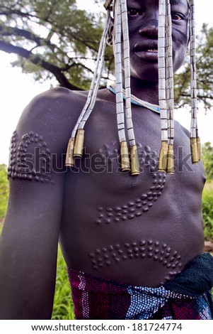 OMO VALLEY, ETHIOPIA, AFRICA - DEC 21, 2009  Man from mursi tribe,
