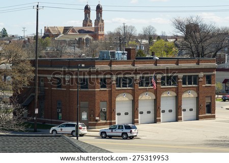 Green Bay, Wisconsin - April 27:  Green Bay Fire Station Headquarters in downtown Green Bay, view from Tilleman Bridge April 27, 2015.