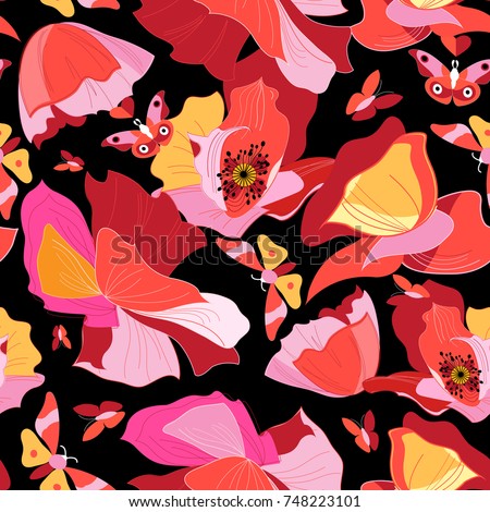 Seamless bright pattern of red gorgeous poppies on a dark background with butterflies